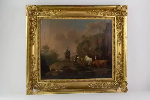 Gemälde, Ende 18. Jh., Öl auf Lwd., unsigniert, Landschaft mit Tierherde und Hirten, ein identisches Gemälde befindet sich in der neuen Galerie in Kassel, 1783, da signiert von Johann Georg Pforr (1745-1798), gemalt auf Kupfer und signiert, im...