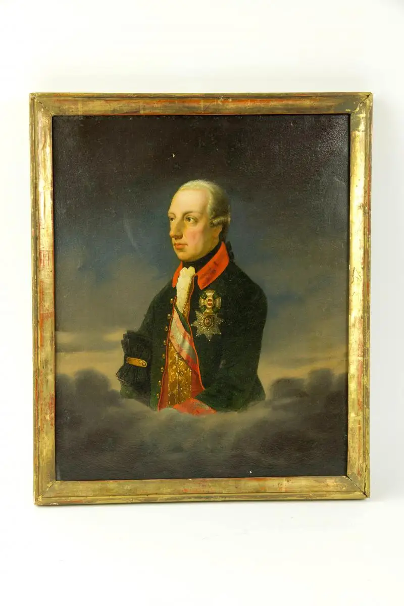 Gemälde, um 1790/1800, Öl auf Lwd., unsigniert, Portrait von Kaiser Joseph II (1741 -1790) in grüner Uniform, dekoriert mit dem Maria Theresia Orden und dem St. Stephans Orden, über den Wolken schwebend, postume Malerei, die auf einer großen... 0