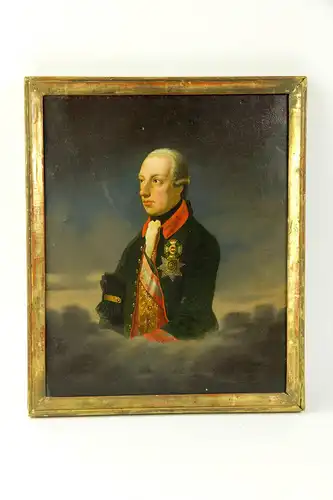 Gemälde, um 1790/1800, Öl auf Lwd., unsigniert, Portrait von Kaiser Joseph II (1741 -1790) in grüner Uniform, dekoriert mit dem Maria Theresia Orden und dem St. Stephans Orden, über den Wolken schwebend, postume Malerei, die auf einer großen...