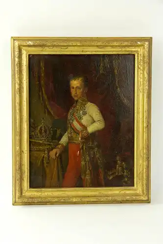 Gemälde, Mitte 19. Jh., Öl auf Pappe, unsigniert, Kopist, Kaiser Ferdinand I (1793-1875), nach einem Gemälde von F.G. Waldmüller, Firnis stark nachgedunkelt, zwei neue Kratzer auf Hand und Hose, neuerer Goldrahmen, H: 27 cm, B: 22 cm.