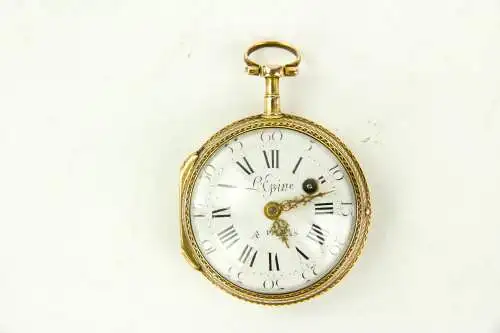 Spindel - Taschenuhr, Frankreich, 18. Jh., 18 Karat Gold, signiert L'Epine A Paris (Jean Antoine Lépine, 1720-1814, einer der größten Uhrmacher seiner Zeit, er soll um die 6000 Uhren hergestellt haben), die Fertigung der Uhr erfolgte zwischen 1762...