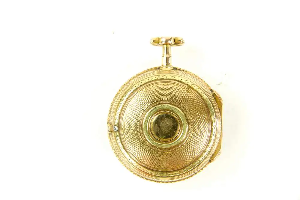 Spindel - Taschenuhr, Frankreich, 18. Jh., 18 Karat Gold, signiert L'Epine A Paris (Jean Antoine Lépine, 1720-1814, einer der größten Uhrmacher seiner Zeit, er soll um die 6000 Uhren hergestellt haben), die Fertigung der Uhr erfolgte zwischen 1762... 1