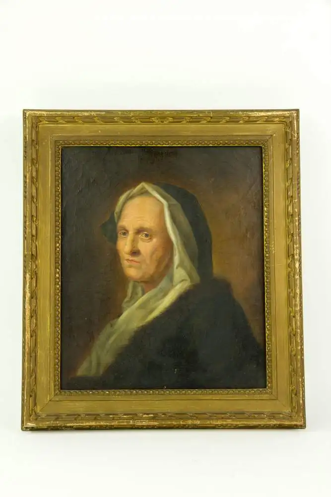 Gemälde, 18. Jh., Öl auf Lwd., rückseitig auf Rahmen mit Tinte bez. Balthasar Denner (1685 - 1749), Portrait einer alten Dame, gereinigt, sonst Originalzustand, Rahmen, 2. Hälfte 19. Jh., B: 30 cm, H: 36 cm. 0