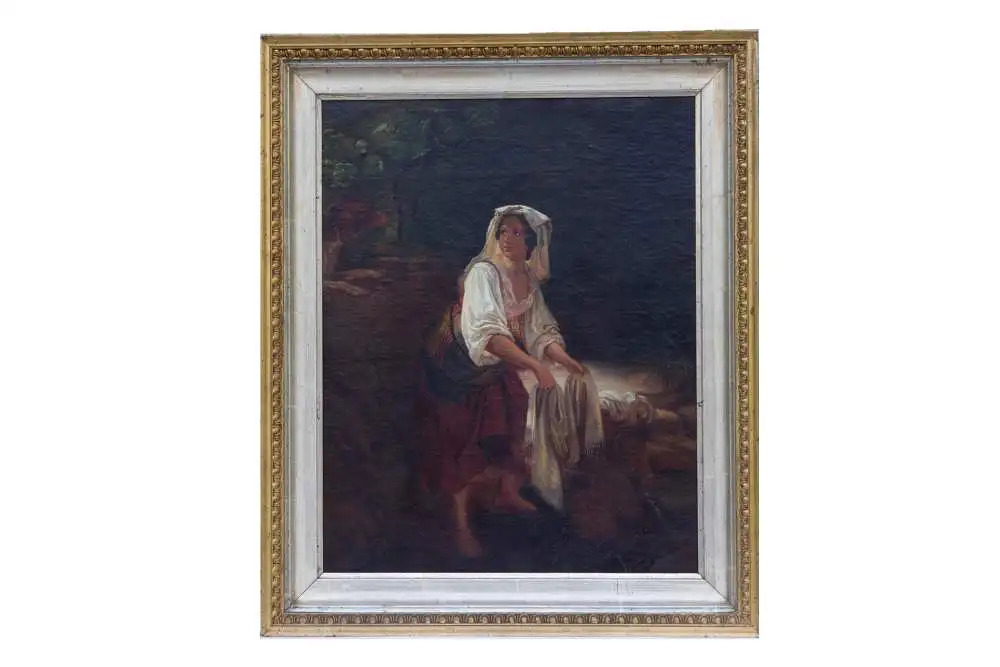 Gemälde, erste Hälfte 19. Jh., unsigniert, wohl Deutschrömer (als Deutschrömer wird der Kreis der in Rom lebenden deutschen bildenden Künstler und Literaten insbesondere des späten 18. und des 19. Jahrhunderts bezeichnet), Darstellung einer... 0
