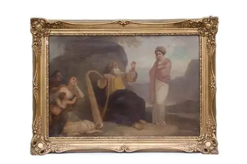 Gemälde, um 1800, Öl auf Lwd, Klebezettel auf Bildrückseite, Darstellung des blinden OSSIAN mit Harfe, vor ihm eine junge Frau, wohl Malvina stehend, in der linken Bildhälfte eine Familie mit Kind und Hund, (Vorlage für dieses Bild ist Ossian,...