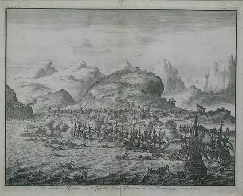 Willem Swidde um 1680. Die niederländische Flotte vor den Kanarischen Inseln. Original Radierung um 1680.