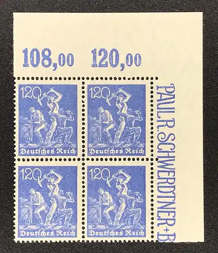 Deutsches Reich Michel Nummer 168 POR 4er -Bogenecke rechts - postfrisch
