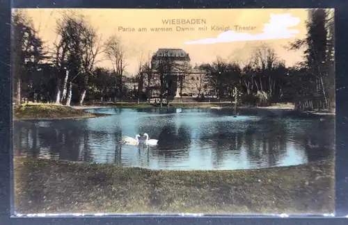 Ansichtskarte Wiesbaden - Partie am warmen Damm m. Königl. Theater 1908
