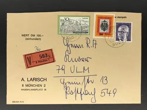 BRD Wertbrief München Grünwald nach Ulm