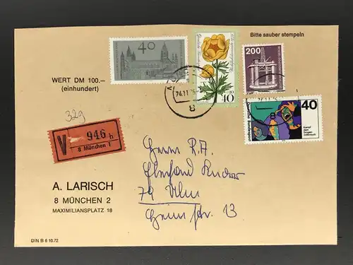 BRD Wertbrief 1976 München Grünwald nach Ulm
