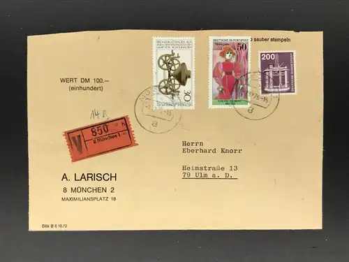 BRD Wertbrief München Grünwald nach Ulm 1976
