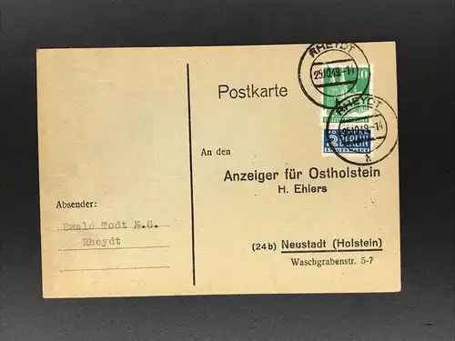 Postkarte Rheydt 25.10.1949 nach Neustadt