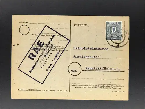 Postkarte Rendsburg 15.3.1947 nach Neustadt