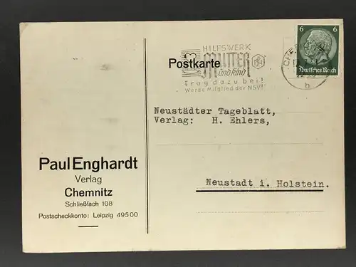Postkarte Dt. Reich Einzelfrankatur Chemnitz n. Neustadt 1938