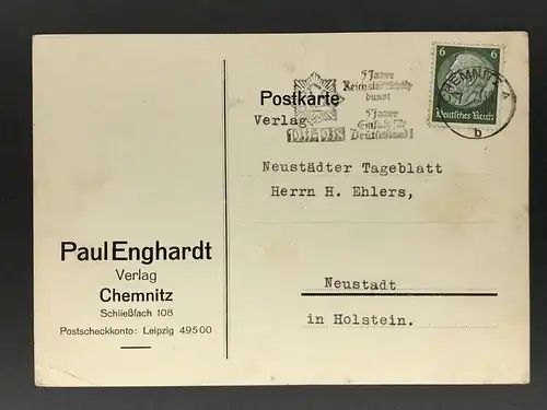 Postkarte Dt. Reich 1938 Einzelfrankatur Chemnitz n. Neustadt