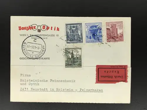 Österreich Postkarte durch Eilboten Flugpost - Bauzher Optik Wien n. Neustadt über Hamburg