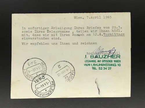 Österreich Postkarte durch Eilboten Flugpost - Bauzher Optik Wien n. Neustadt über Hamburg