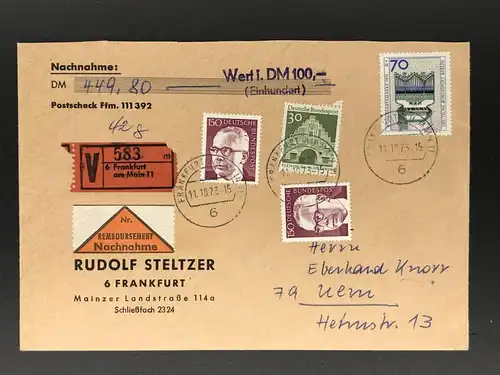 BRD Nachnahme Wertbrief 1973 Frankfurt nach Ulm