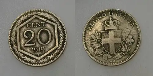 Italien - 20 Centesimi 1919 glatter Rand 