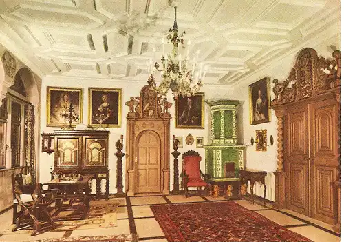  Ansichtskarte Schloss Mespelbrunn im Spessart, Ahnensaal nicht gelaufen