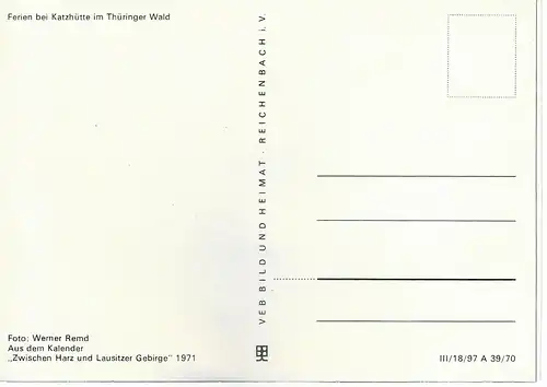 Ansichtskarte Ferien bei Katzhütte im Thüringer Wald - nicht gelaufen  1971