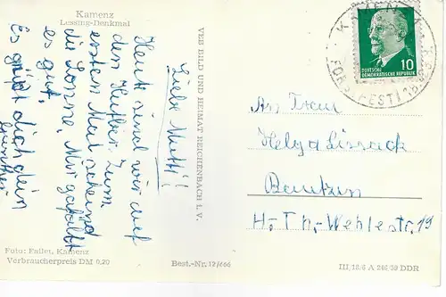 Ansichtskarte Kamenz Lessing-Denkmal - gelaufen 