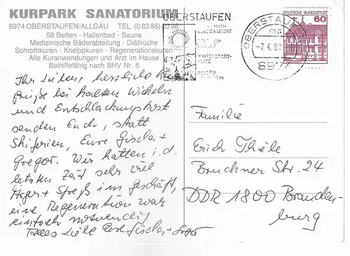 Ansichtskarte Kurpark Sanatorium Oberstaufen / Allgäu - gelaufen 1987