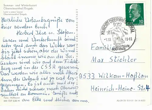 Ansichtskarte Sommer- und Winterkurort Oberwiesenthal / Erzgeb. gelaufen 1973