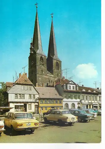 Ansichtskarte Quedlinburg Blick vom Matildenbrunnen zur Nikolaikirche - nicht gelaufen ca. 1983