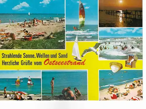Ansichtskarte Strahlende Sonne, Wellen und Sand Herzliche Grüße vom Ostseestrand -  gelaufen 1986