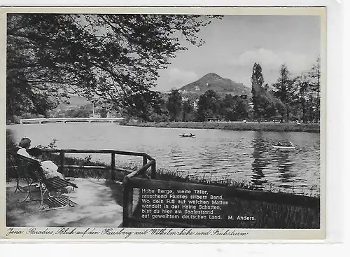 Ansichtskarte Jena Paradies, Blick auf den Hausberg mit Wilhelmshöhe und Fuchsturm 1938 gelaufen