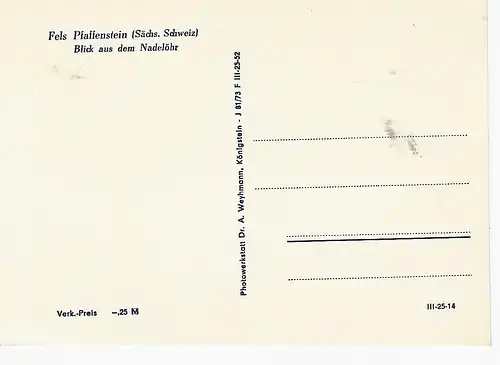 Ansichtskarte Sächsische Schweiz Fels Pfaffenstein Blick aus dem Nadelöhr - nicht gelaufen 