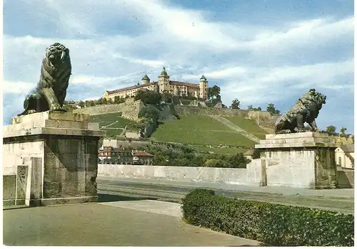 Ansichtskarte Würzburg am Main - Löwenbrücke und Festung Marienberg - gelaufen 1972
