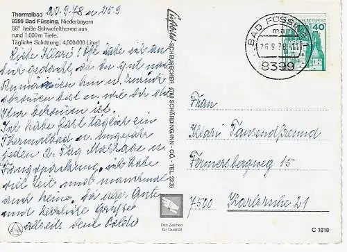 Ansichtskarte Bad Füssing - Thermalbad - gelaufen 1978