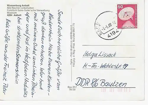 Ansichtskarte Wasserburg Anholdt - gelaufen 1980