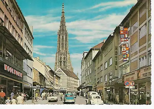 Ansichtskarte Ulm / Doanu - Hirschstraße mit Blick auf Münster - beschrieben