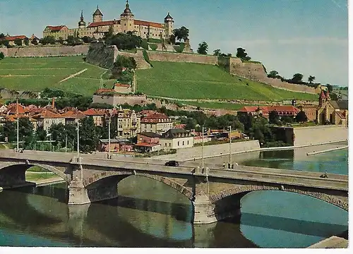 Ansichtskarte Würzburg am Main - Löwenbrücke mit Festung Marienberg - nicht gelaufen 