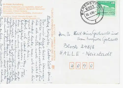Ansichtskarte Ausflugsziele um Bärenstein - gelaufen 1989