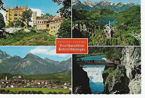 Ansichtskarte Königsschlösser Neuschwanstein und Hohenschwangau mit Füssen und Lechfall - gelaufen 1973