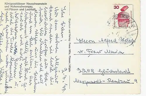 Ansichtskarte Königsschlösser Neuschwanstein und Hohenschwangau mit Füssen und Lechfall - gelaufen 1973