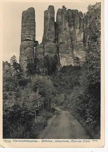 Ansichtskarte Elbsandsteingebirge, Bloßstock, Kreuzturm, Morsche Zinne - gelaufen 