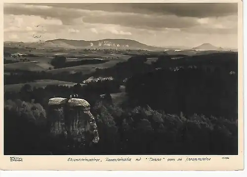 Ansichtskarte Elbsandsteingebirge, Rauensteinblick mit "Nonne" gegen die Schrammsteine - gelaufen 1956