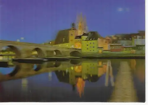 3D Hologrammkarte Ansichtskarte Regensburg - Steinerne Brücke und Altstadt bei Nacht - gelaufen 2016
