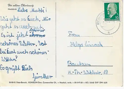 Ansichtskarte Hochkirch / Sa. - gelaufen