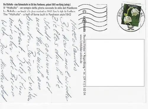 Ansichtskarte Regensburg - Die Walhalla - eine Ruhmeshalle im Stil des Pentheons, gebaut 1842 von König Ludwig I. - gelaufen 2015