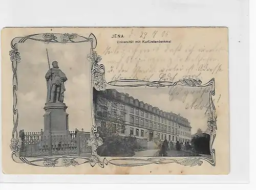 Ansichtskarte Jena - Universität mit Kurfürstendenkmal - gelaufen 1905