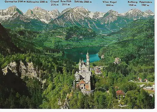 Ansichtskarte Königsschloß Neuschwanstein und Hohenschwangau mit Alpsee - gelaufen 2000