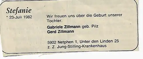 Geburtsanzeige Familie Zillmann, Netphen 1982