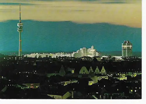 Ansichtskarte München - Abendliche Stadtsilhouette mit Olympiaturm - gelaufen 1982