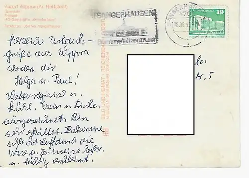 Ansichtskarte Erholungsort Wippra (Kr. Hettstedt) - gelaufen 1988